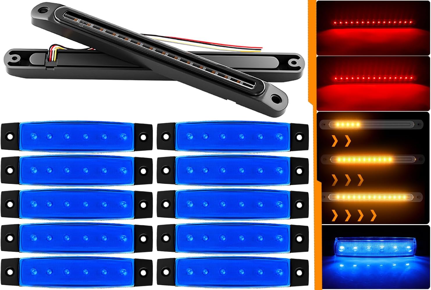 BRAND, CATEGORY, OTHER, PSEQT, PSEQT 3.9'' Blue LED Rock Underglow Grille Fender Strip Lights, 10Pcs + 10'' Trailer Brake Stop Turn Signal Tail Led Lights Red & Amber, 2Pcs