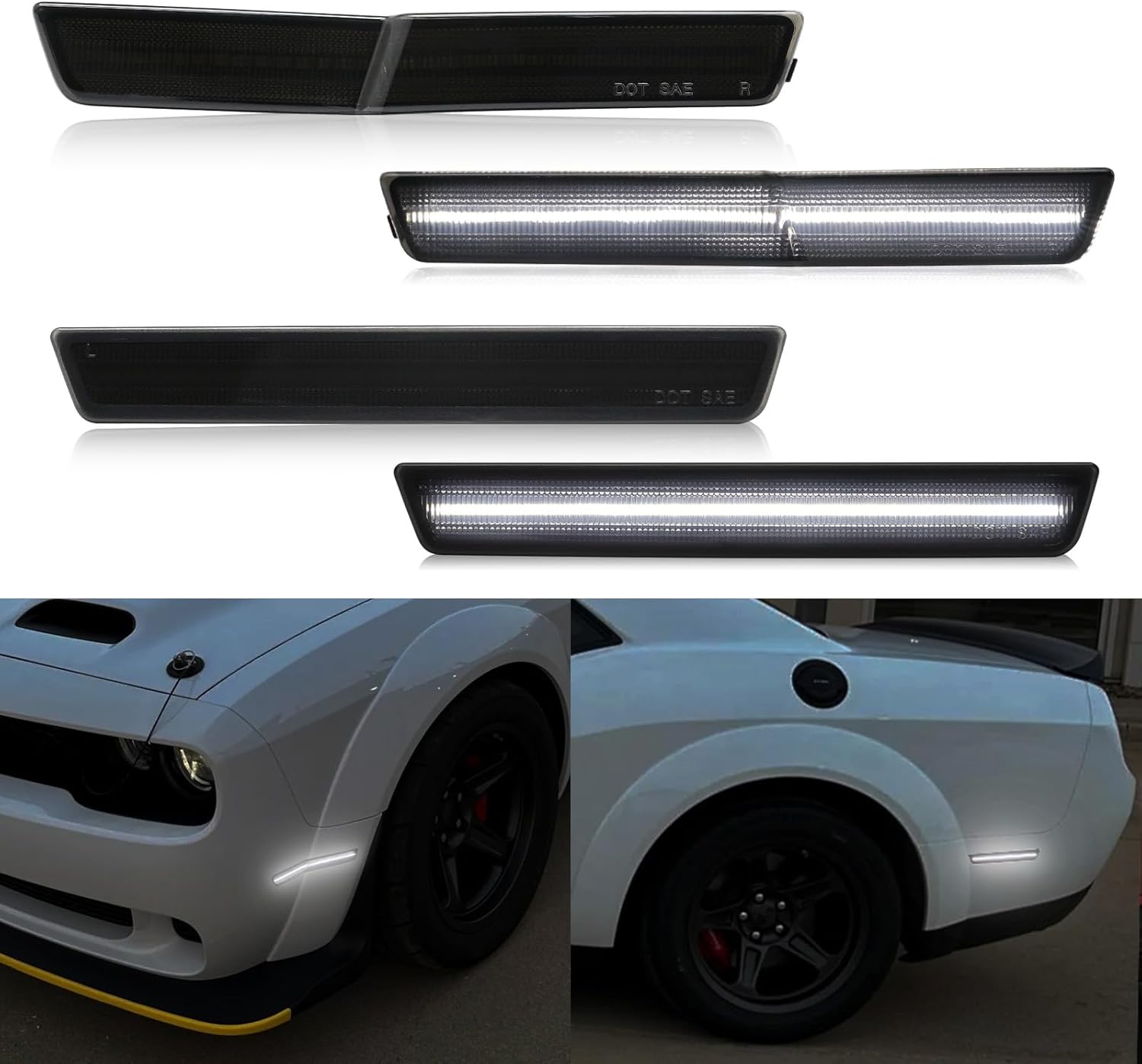 BRAND, CATEGORY, R&F AUTO, SIDE MARKER ASSEMBLIES, R&F Auto 4 PCS LED Side Marker Lights Replacement for 2018-2023 Challenger SRT Hellcat, R/T Scat Pack Widebody for Redeye Super Stock Jailbreak Demon Sidemarker Turn Signal Lamps Smoked Lens