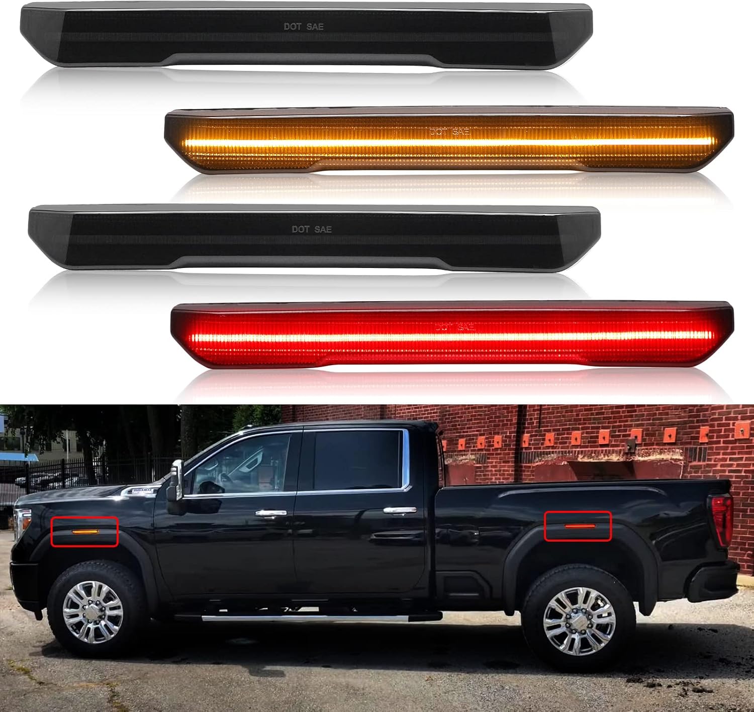 BRAND, CATEGORY, R&F AUTO, SIDE MARKER ASSEMBLIES, R&F Auto 4PCS Amber Smoked Lens LED Side Marker Lights Replacement for Sierra 2500HD 3500HD 2020-2024 Pickup Truck Amber Front Rear Fender Side Markers Driver Passenger Sides Lamps