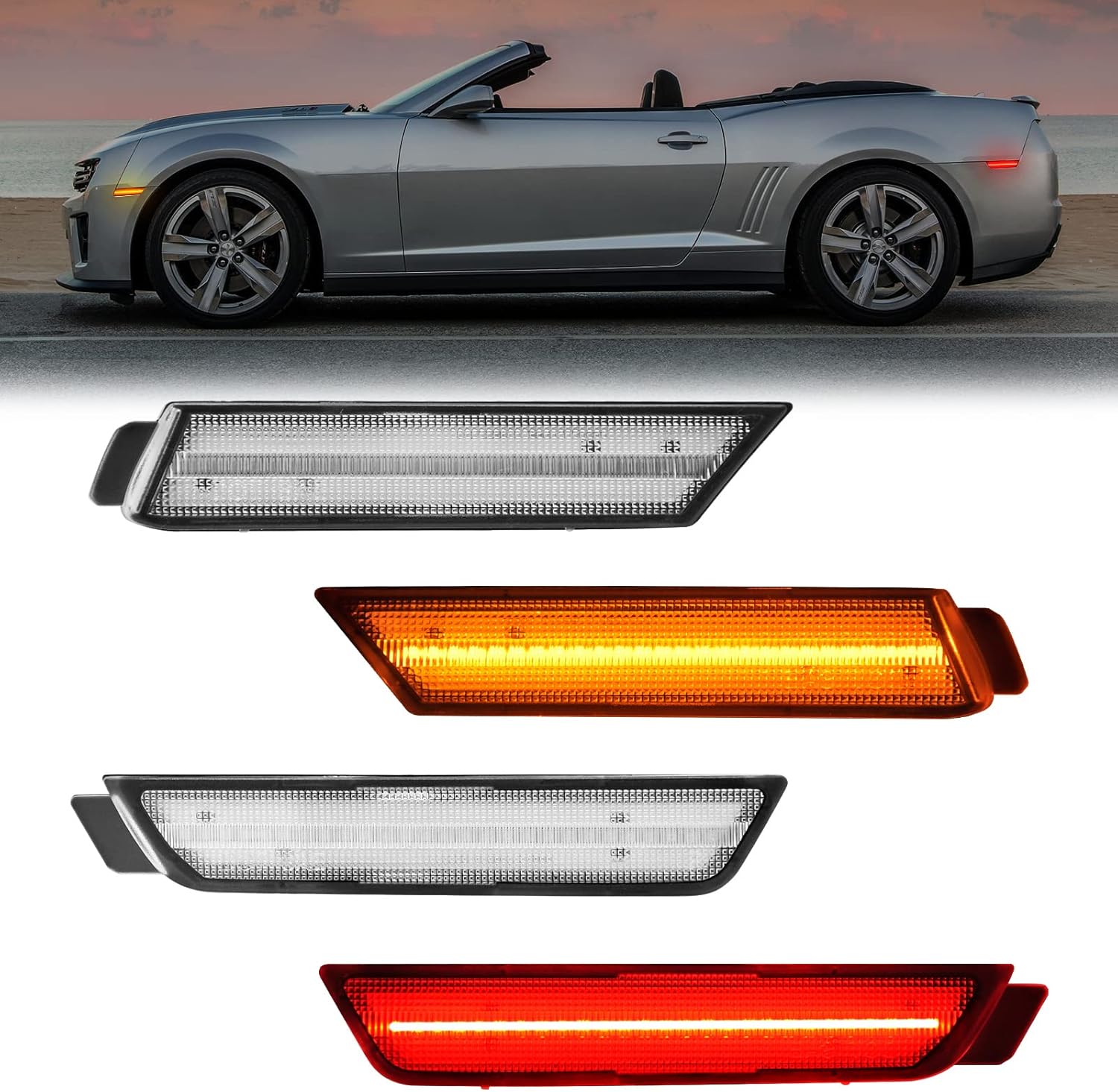 BRAND, CATEGORY, R&F AUTO, SIDE MARKER ASSEMBLIES, R&F Auto 4PCS Front Amber Rear Red LED Side Marker Lights Compatible with Camaro 2010 2011 2012 2013 2014 2015 Bumper Sidemarker Lamps Reflectors Driver Passenger Sidemarker Light, Clear Lens