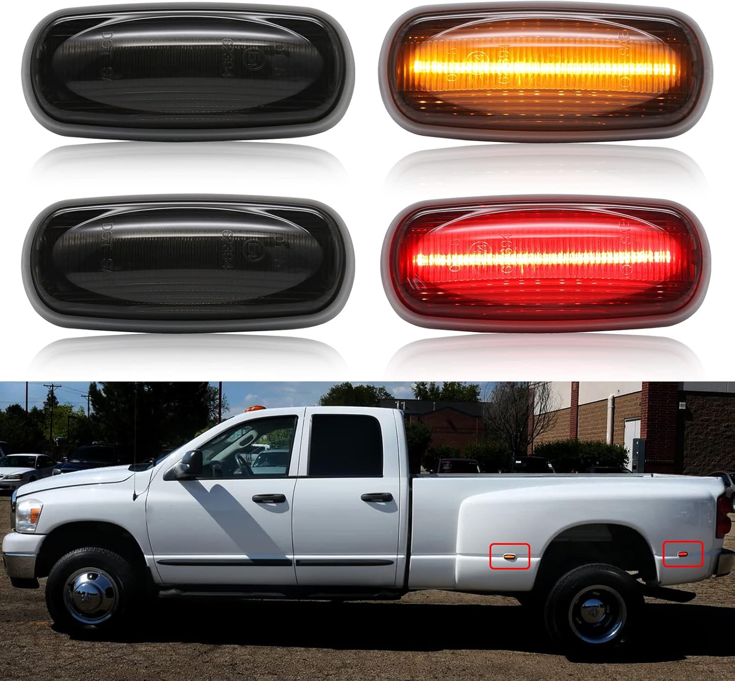 BRAND, CATEGORY, R&F AUTO, SIDE MARKER ASSEMBLIES, R&F Auto 4PCS LED Fender Side Marker Light Replacement for Ram 2500HD 3500HD 2003-2009 Double Wheel Pickup Trucks Rear Amber/Red Bed Marker Lights Driver & Passenger Side Smoked Lens