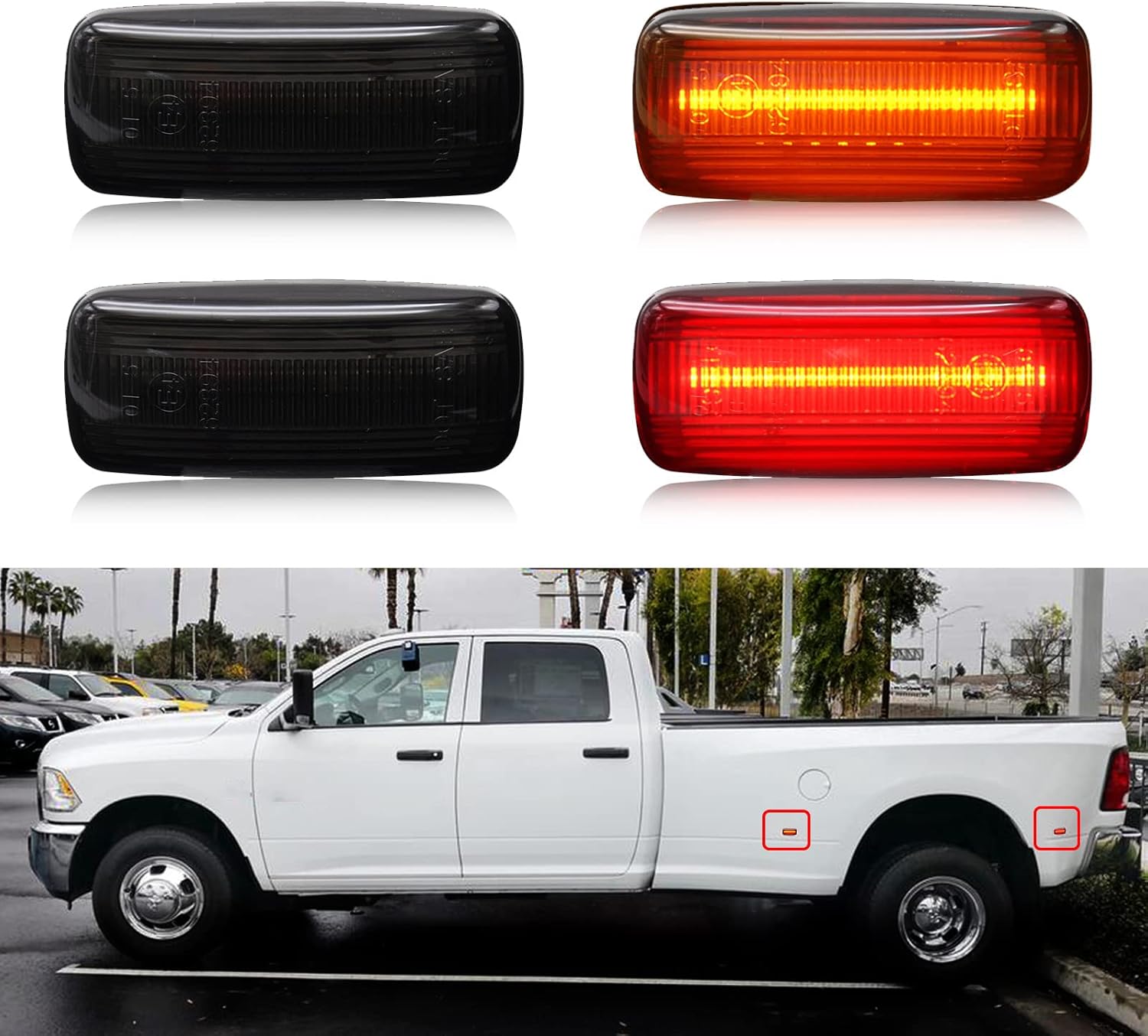 BRAND, CATEGORY, R&F AUTO, SIDE MARKER ASSEMBLIES, R&F Auto 4PCS Smoked Lens LED Fender Side Marker Light Replacement for Ram 2500HD 3500HD 2010-2018 Double Wheel Pickup Trucks Rear Amber/Red Bed Marker Lights Driver & Passenger Side