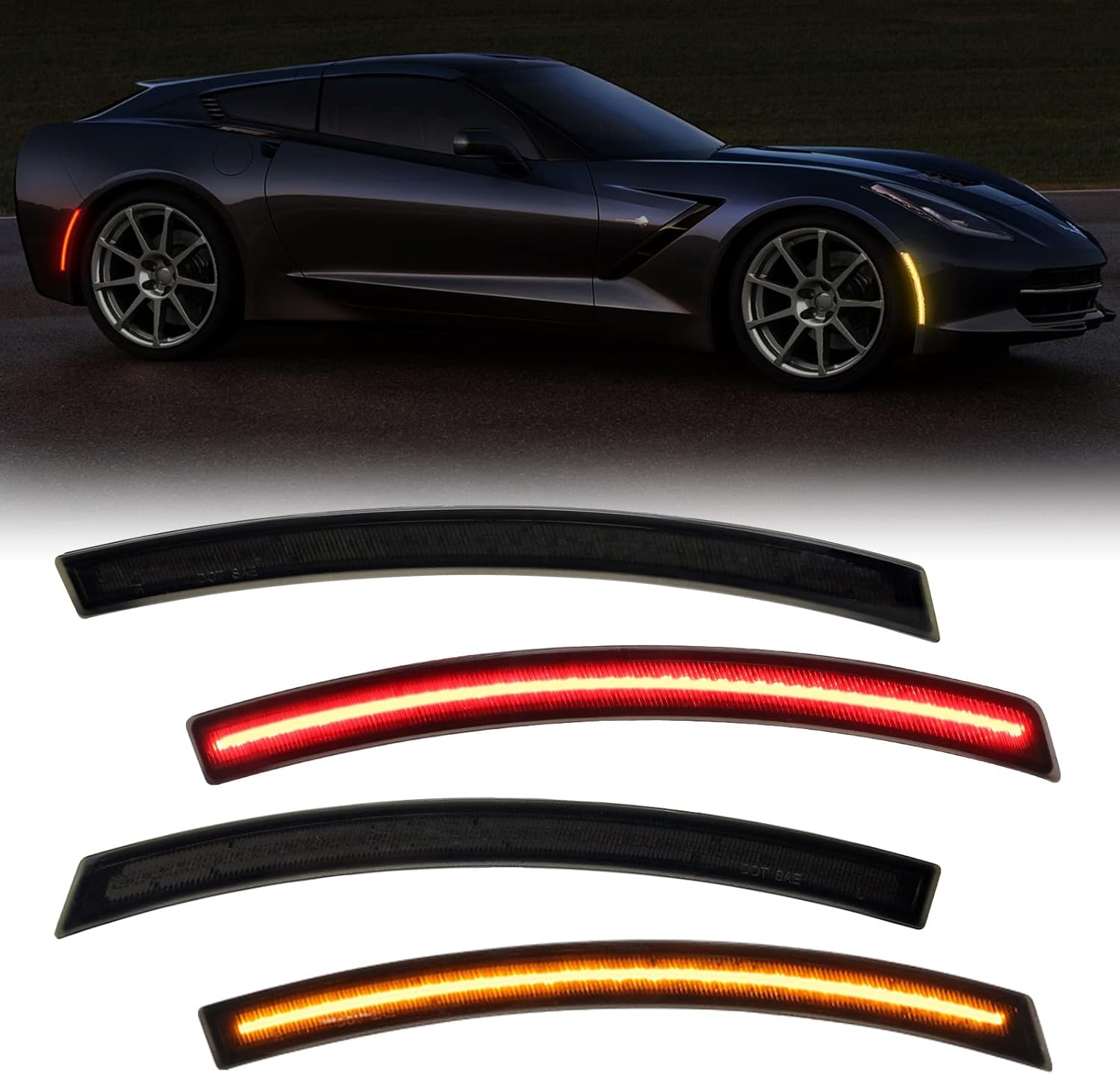 BRAND, CATEGORY, R&F AUTO, SIDE MARKER ASSEMBLIES, R&F Auto 4PCS Smoked Lens LED Front Rear Side Marker Lights Compatible with Corvette C7 (2014-2019) /Grand Sport/Stingray/Z06 /ZR1 Amber Red LED Sidemarker Lamps Bumper Turn Signal Lights