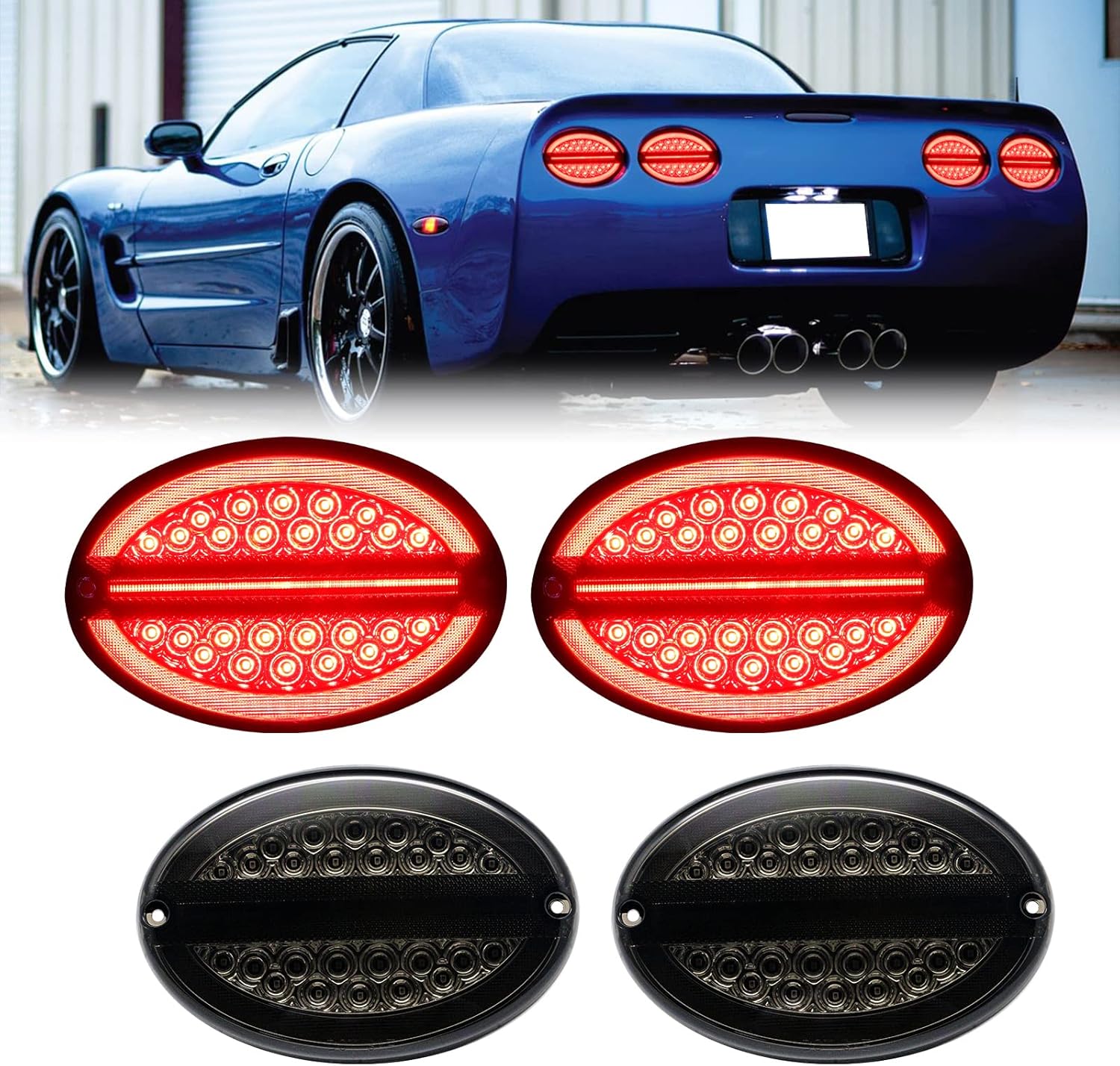 BRAND, CATEGORY, R&F AUTO, SIDE MARKER ASSEMBLIES, R&F Auto 4PCS Smoked Lens LED Halo Tail Lights & 2PCS Rear Side Marker Lights Replacement for C5 Corvette 1997-2004