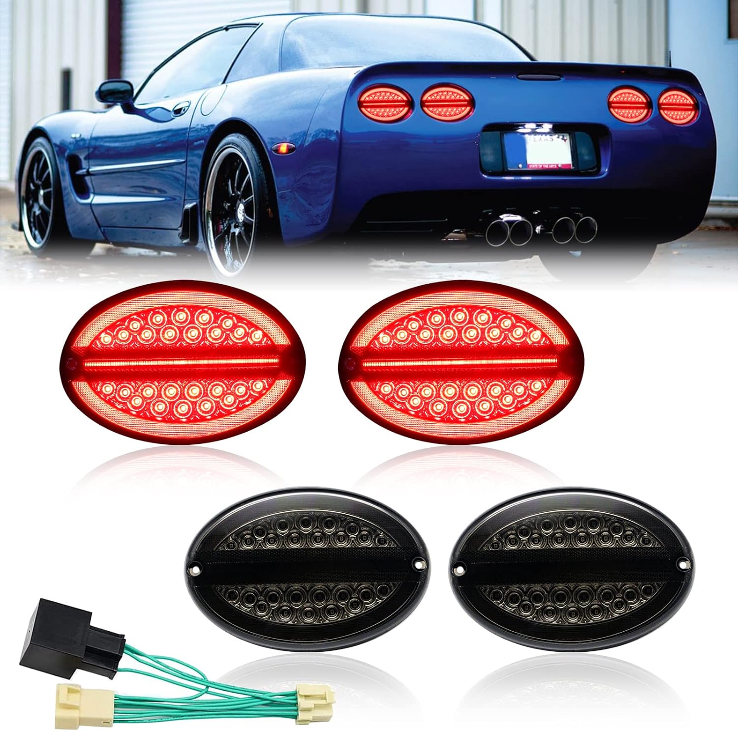 BRAND, CATEGORY, R&F AUTO, TAIL LIGHT ASSEMBLIES, R&F Auto 4PCS Smoked Lens LED Halo Tail Lights Replacement for C5 Corvette 1997-2004 Red Taillight Laser Halo Running Light + Rear Turn Signal Blinker Brake Lamp Kit w/Hyper Flash Harness