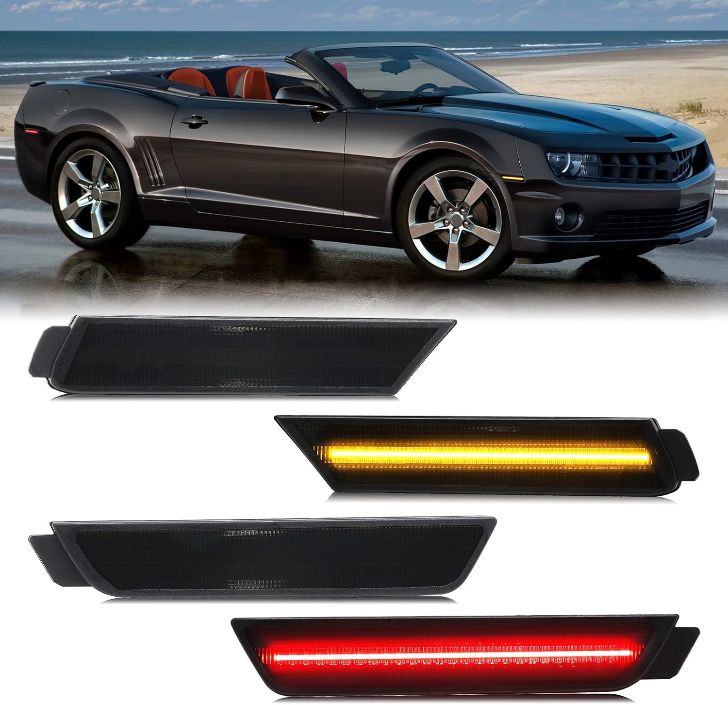 BRAND, CATEGORY, R&F AUTO, SIDE MARKER ASSEMBLIES, R&F Auto 4PCS Smoked Lens LED Side Marker Lights Compatible with Camaro 2010 2011 2012 2013 2014 2015 Bumper Sidemarker Lamps Reflectors, Front Amber & Rear Red Driver Passenger Sidemarker Light