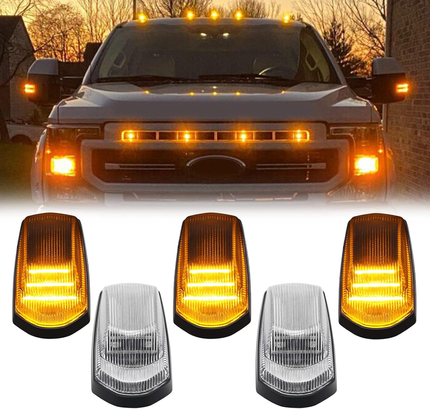 BRAND, CATEGORY, R&F AUTO, TOP CLEARANCE MARKER ASSEMBLIES, R&F Auto 5PCS LED Cab Roof Marker Lights Compatible with F-250 F-350 F-450 F-550 Super Duty (2017-2022) Pickup Trucks Roof Running Lamps Clear Lens