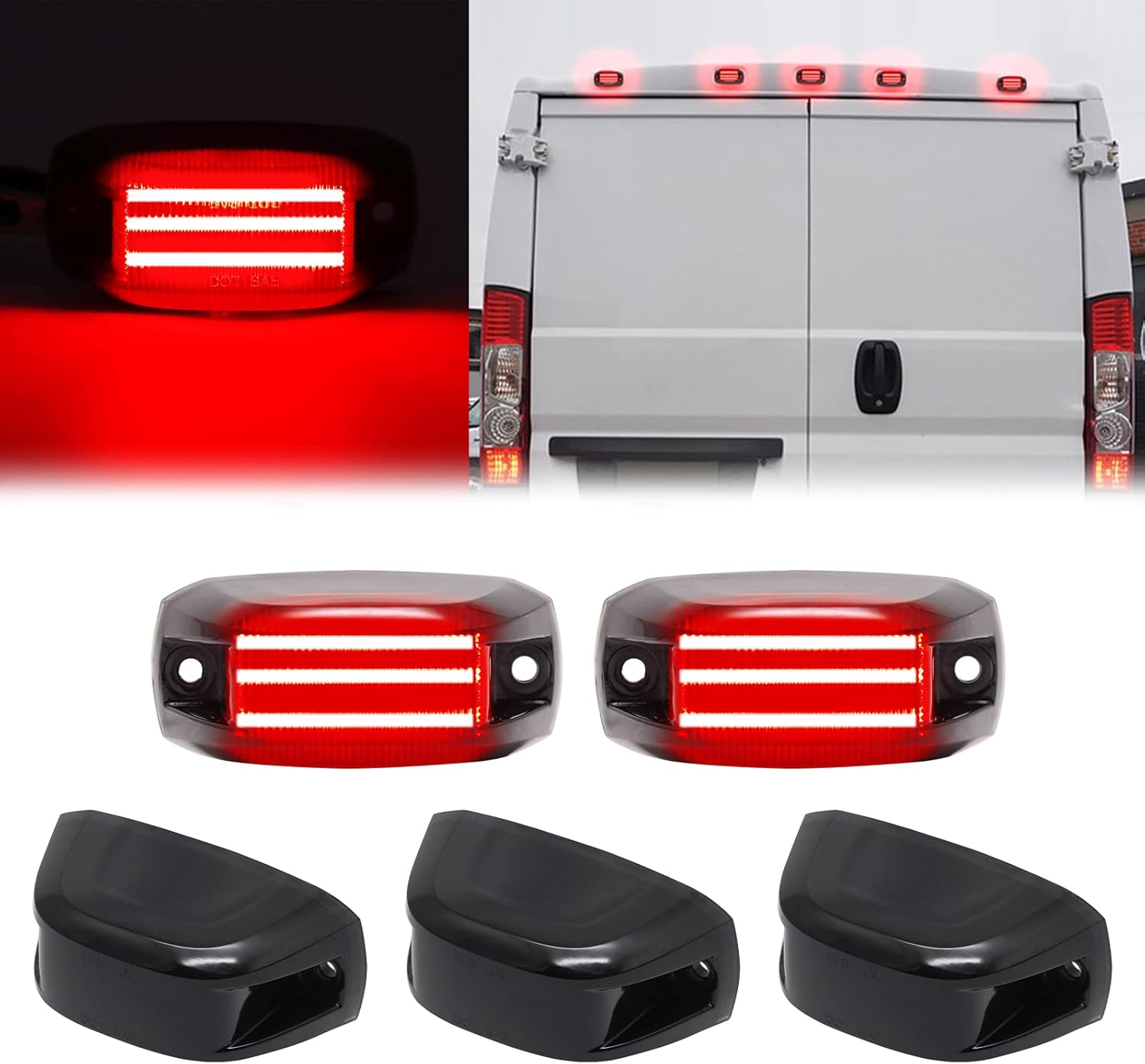 BRAND, CATEGORY, R&F AUTO, TOP CLEARANCE MARKER ASSEMBLIES, R&F Auto 5PCS LED Rear Roof Cab Lights Replacement for RAM Promaster Vans 1500 2500 3500 2014-2022 Rear Roof Mounted Cab Light Lamp Reflective Lights Assembly Smoked Lens