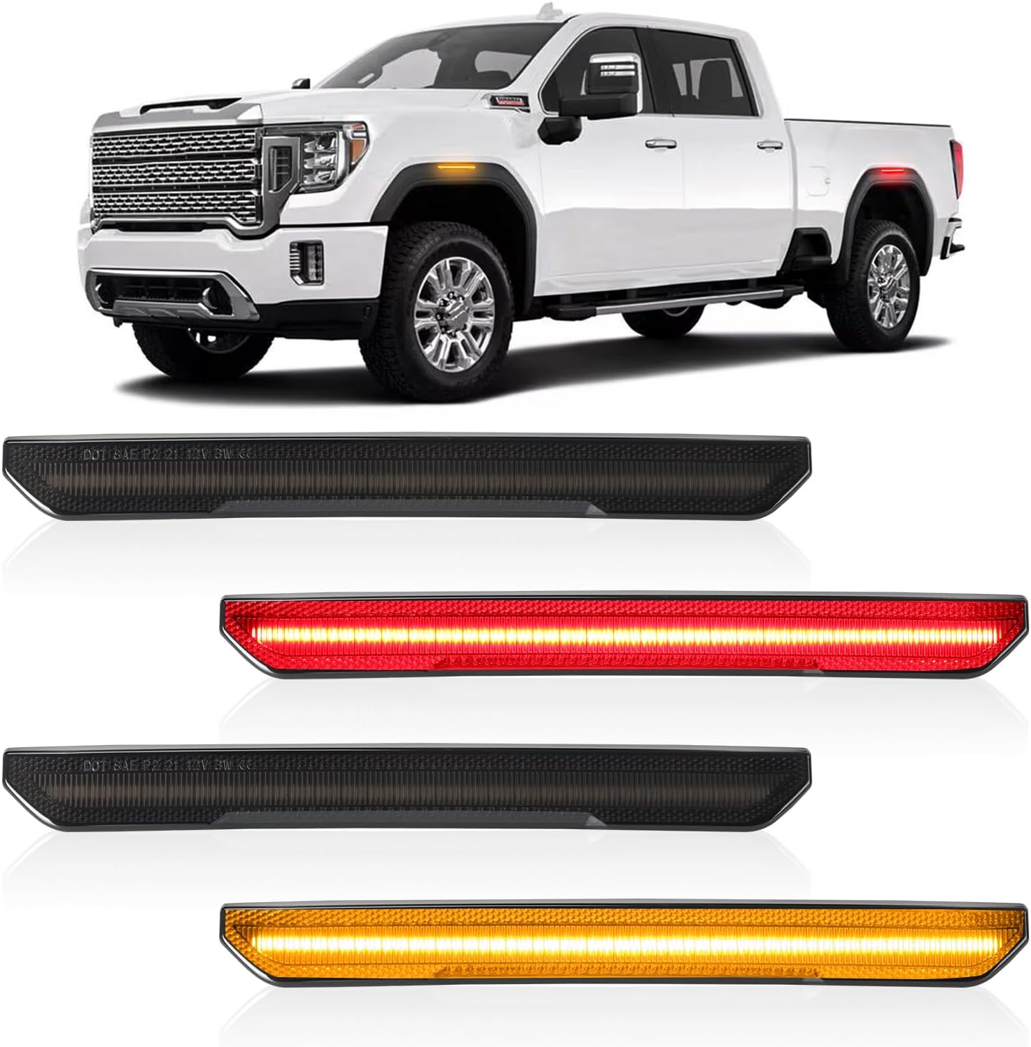 BRAND, CATEGORY, ROCCS, SIDE MARKER ASSEMBLIES, ROCCS 4PCS LED White Side Marker Lights Compatible with GMC Sierra 2500HD 3500HD 2020-2024 Pickup Truck Front Rear Bumper Marker Turn Signal Light, Smoked Lens