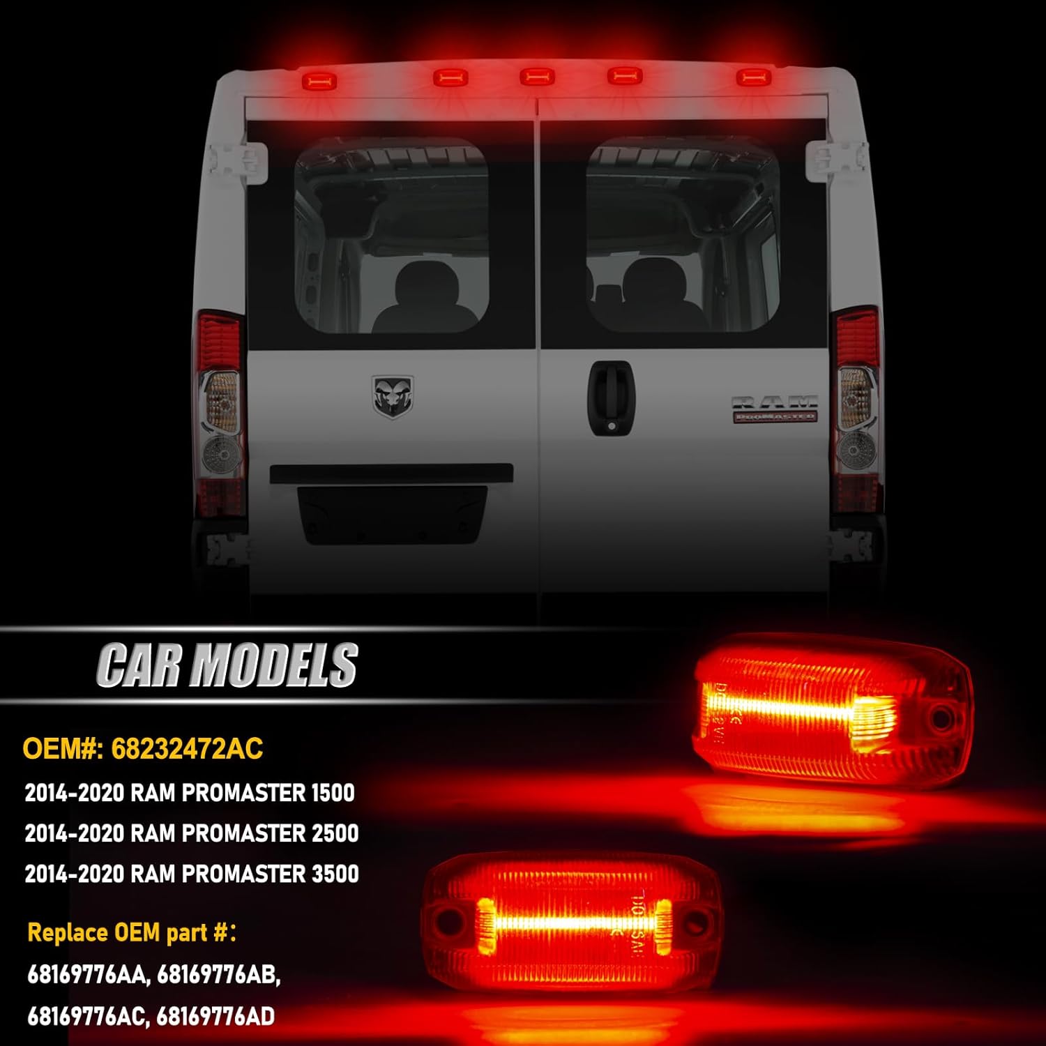 BRAND, CATEGORY, TOP CLEARANCE MARKER ASSEMBLIES, UNIONSTAR, Rear LED Roof Top Clearance Lights LED Roof Cab Marker Lights Compatible With 2014-2020 Dodge Ram Promaster 1500 2500 3500 LED Roof Cab Mounted Running Lamp Reflective Lights Red Lens