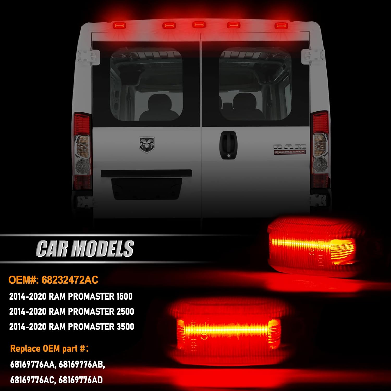 BRAND, CATEGORY, TOP CLEARANCE MARKER ASSEMBLIES, UNIONSTAR, Rear LED Roof Top Clearance Lights LED Roof Cab Marker Lights Compatible With 2014-2020 Dodge Ram Promaster 1500 2500 3500 LED Roof Cab Mounted Running Lamp Reflective Lights Smoked Lens