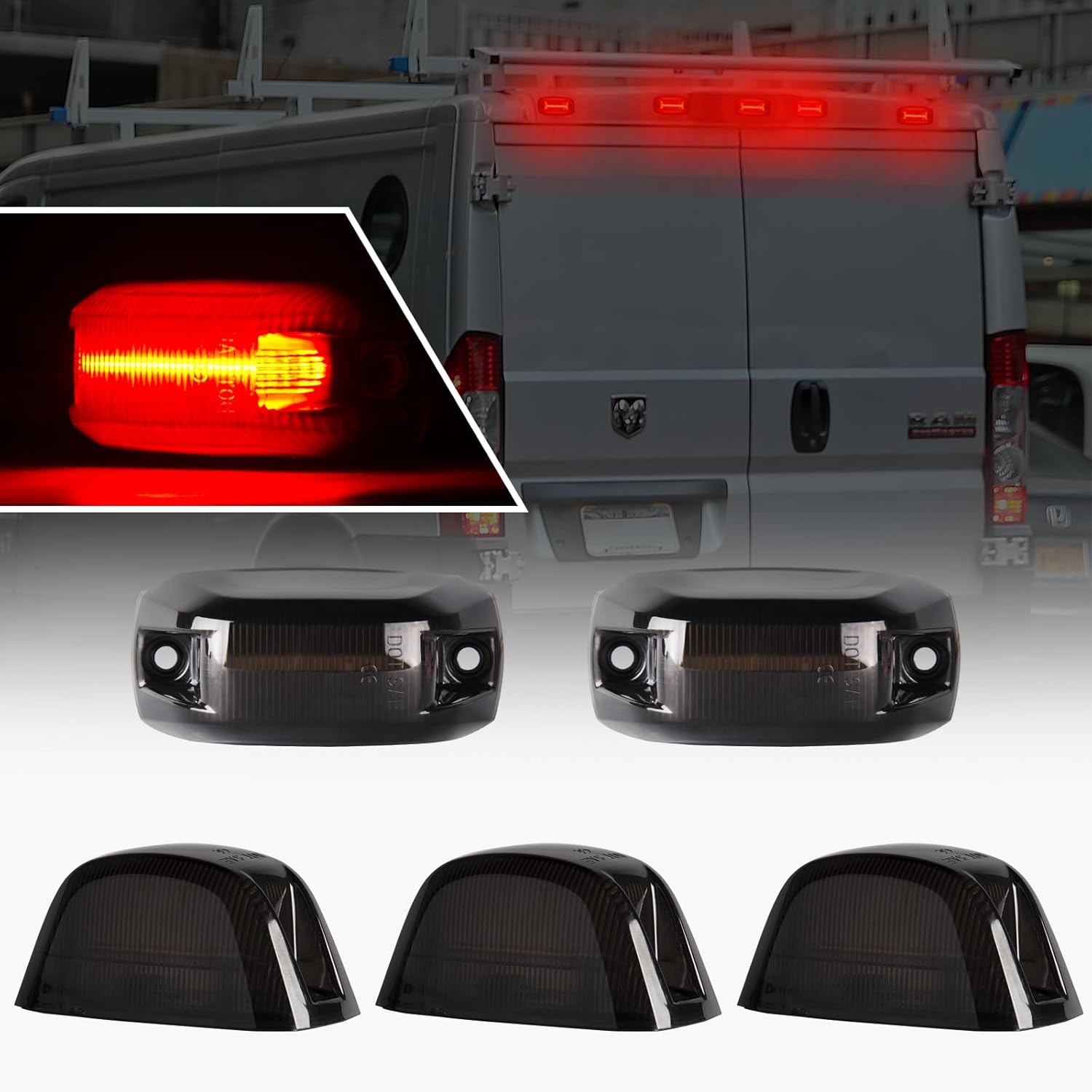 BRAND, CATEGORY, TOP CLEARANCE MARKER ASSEMBLIES, UNIONSTAR, Rear LED Roof Top Clearance Lights LED Roof Cab Marker Lights Compatible With 2014-2020 Dodge Ram Promaster 1500 2500 3500 LED Roof Cab Mounted Running Lamp Reflective Lights Smoked Lens