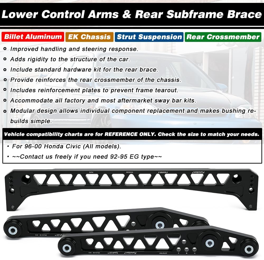 BRAND, CATEGORY, CONTROL ARMS, PQY, Rear Lower Control Arm+Subframe Brace Compatible with Honda Civic EK LCA 96-00 Black