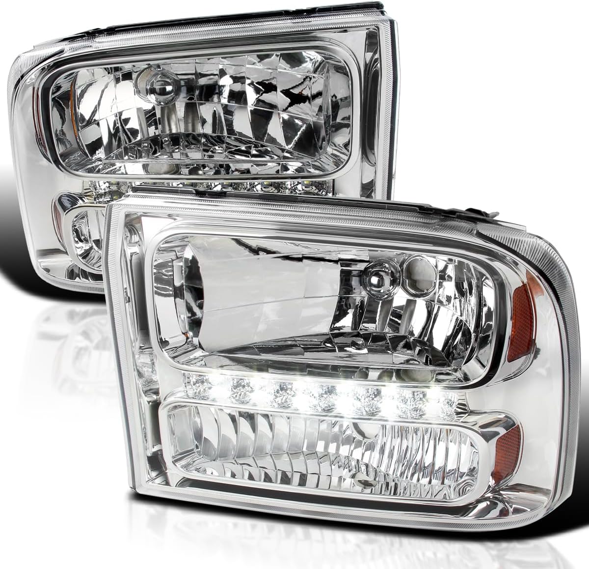 BRAND, CATEGORY, HEADLIGHT ASSEMBLIES, SPEC-D TUNING, Spec-D Tuning 1Pc Chrome Clear Led Headlights Compatible with 1999-2004 Ford F250 F350 F450 Super Duty, 2000-2004 Ford Excursion, L+R Pair Head Light Lamp Assembly