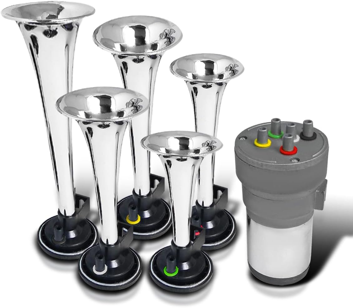 BRAND, CATEGORY, ELECTRICAL, SPEC-D TUNING, Spec-D Tuning 5Pc 12V 125Db Chrome "La Cucaracha" Musical Air Horn + Compressor