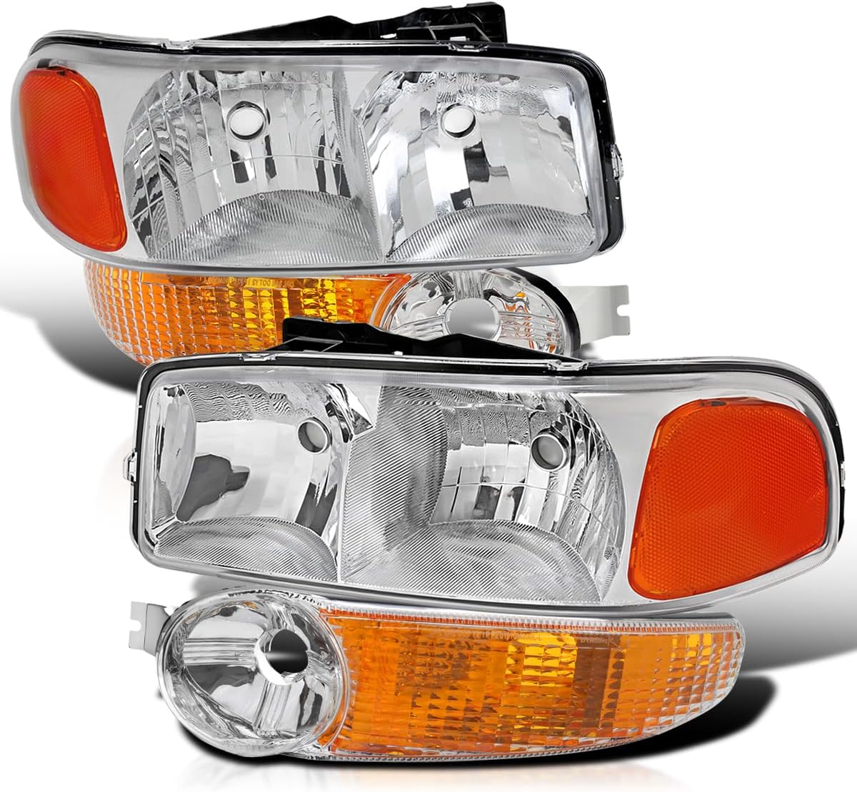 BRAND, CATEGORY, DRIVING, FOG & SPOT LIGHTS, SPEC-D TUNING, Spec-D Tuning Chrome Housing Clear Lens Headlights + Bumper Lamps Compatible with 2000-2006 GMC Sierra 1500 2500 Yukon XL Denali, Left + Right Pair Assembly