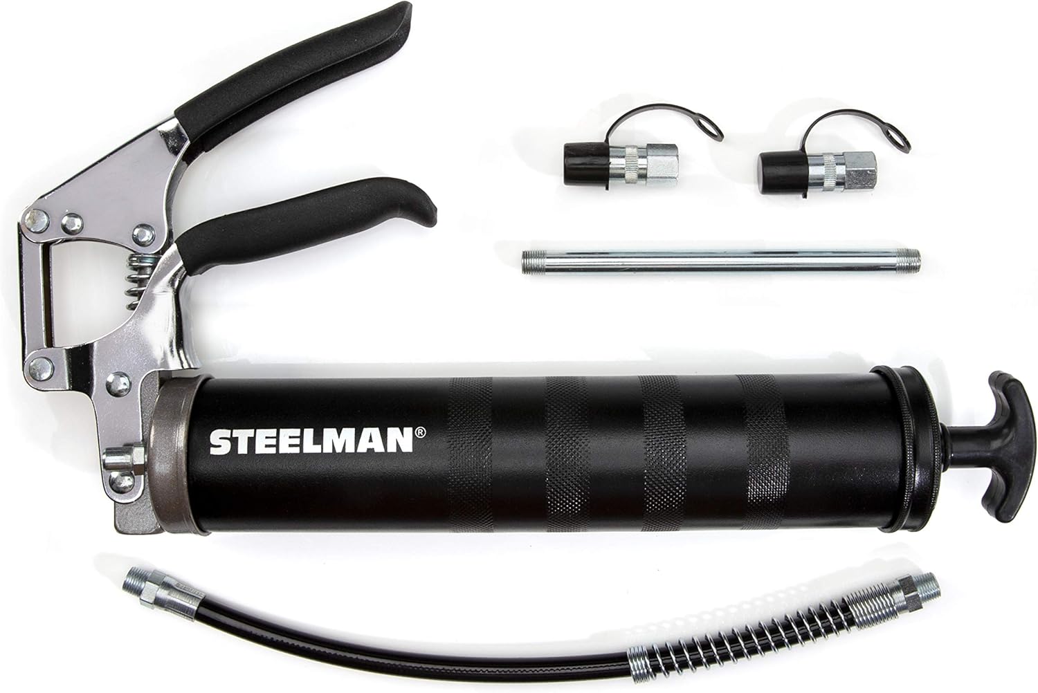 BRAND, CATEGORY, GREASE GUNS, STEELMAN, Steelman 5-Piece Heavy-Duty Professional Pistol Grip Grease Gun Automotive Maintenance Set, Includes 12-inch Whip Hose and 6-inch Bent Angle Pipe Attachments, One Hand Operation