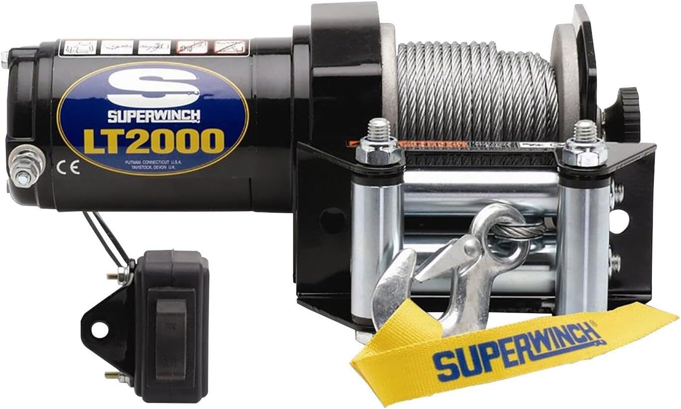 BRAND, CATEGORY, SUPERWINCH, WINCHES, Superwinch 1120210 LT2000 12V DC Electric Winch 2,000lb/907kg Single Line Pull with Roller Fairlead, 5/16in. x 50ft. Steel Wire Rope, Corded Handheld Remote, Handlebar Rocker Switch