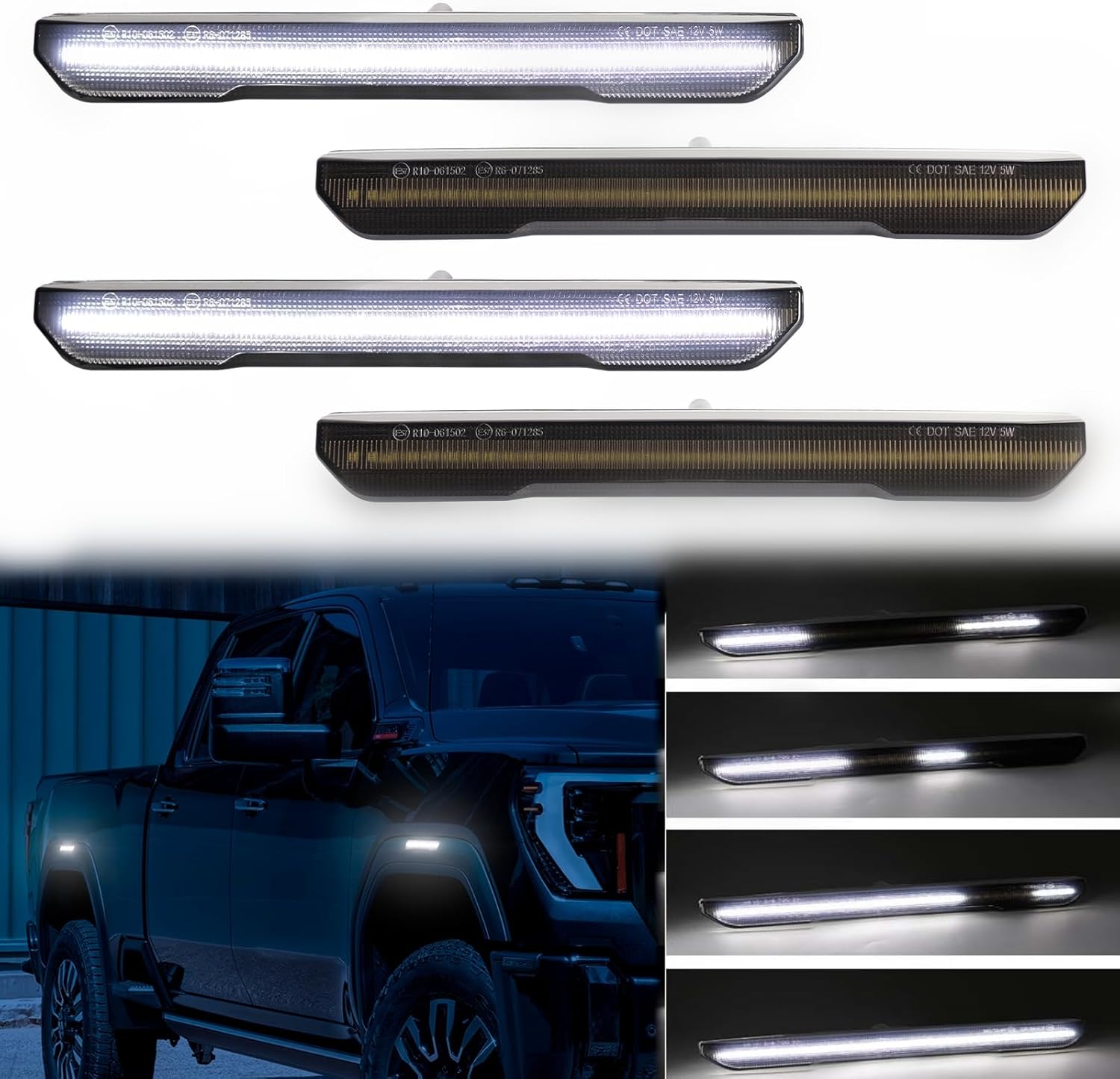 BRAND, CATEGORY, FETONAUTO, SIDE MARKER ASSEMBLIES, Switchback Sequential Amber White LED Side Marker Light for 2020-2024 GMC Sierra 2500HD 3500HD AT4 SLE SLT Base Denali, Front Rear 4PCS Smoked Lens Fender Turn Signal