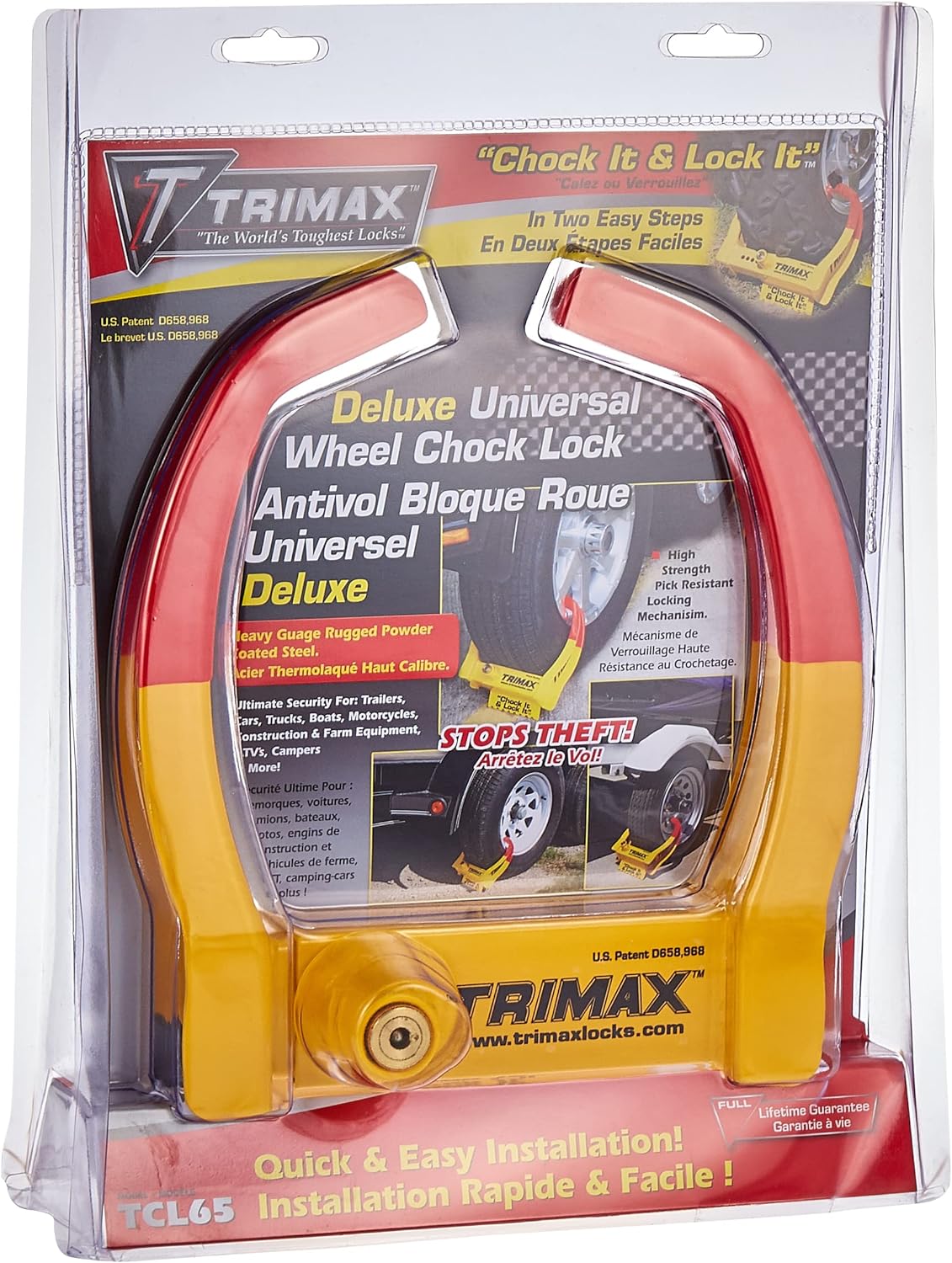 BRAND, CATEGORY, TRIMAX, WHEEL IMMOBILIZERS & CHOCKS, Trimax TCL65 Wheel Chock Lock , Yellow/Red, 7.25in