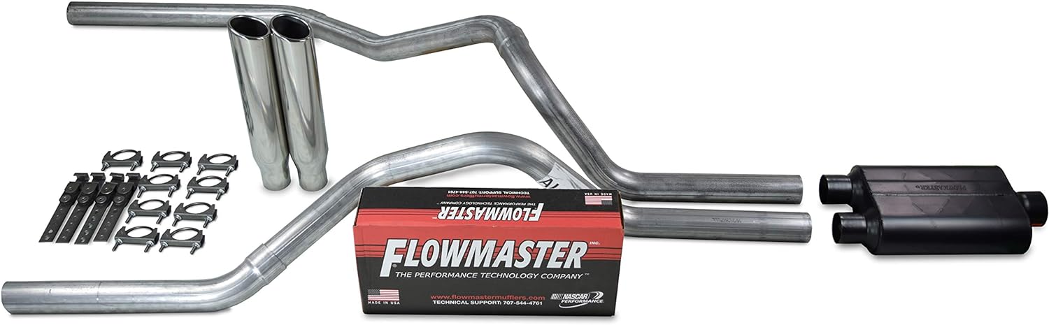 BRAND, CATEGORY, EXHAUST PIPES & TIPS, TRUCK EXHAUST KITS, Truck Exhaust Kits - Shop Line Dual Exhaust System 2.5 AL Pipe Flowmaster 40 2.5" Polished Rolled Edge Clamp on Tip