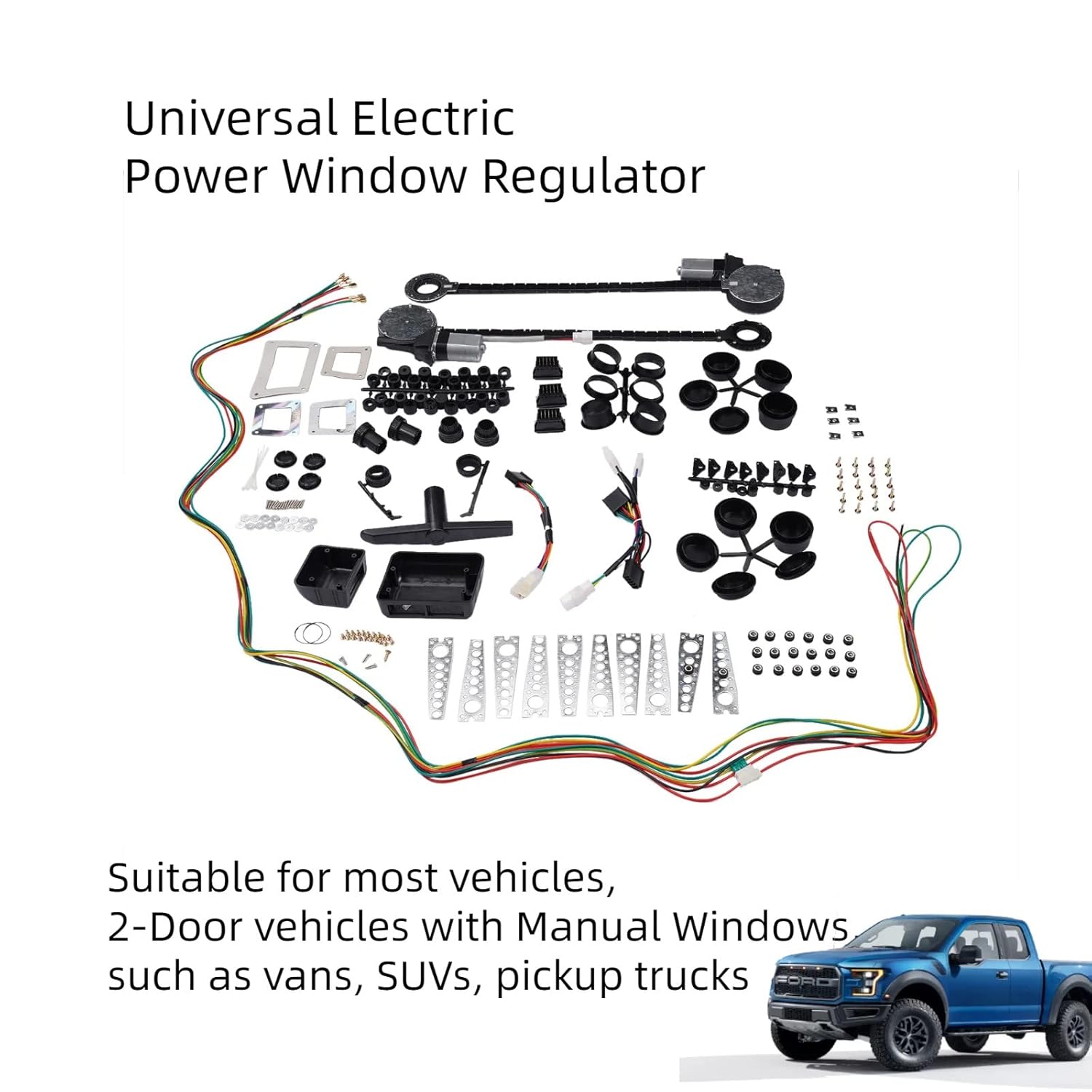 BRAND, CATEGORY, WEONEFIT, WINDOW REGULATOR & MOTOR ASSEMBLIES, Universal Electric Power Window Regulator Conversion Kit Replacement for 2 Door Pickup SUV Truck Van Car - with Motor Switch Wiring and Hardware