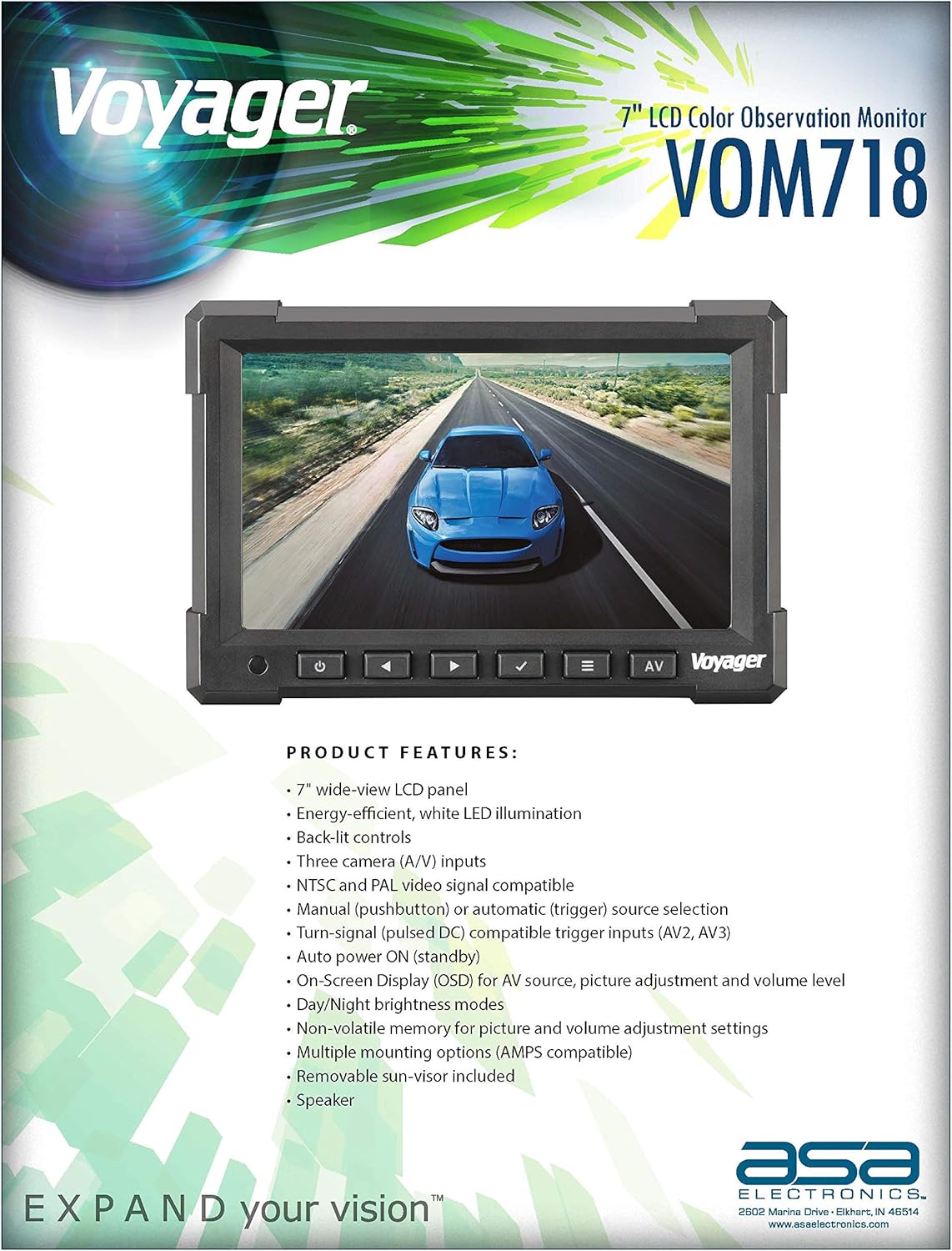 BRAND, CATEGORY, VEHICLE BACKUP CAMERAS, VOYAGER, Voyager VOM718 7" LCD Color Backup Rear View Vehicle Observation Monitor w/ 3 Camera Inputs, Video for up to 3 Cameras (Cameras Sold Separately), NTSC/PAL Compatible, 12V - 24V Compatible