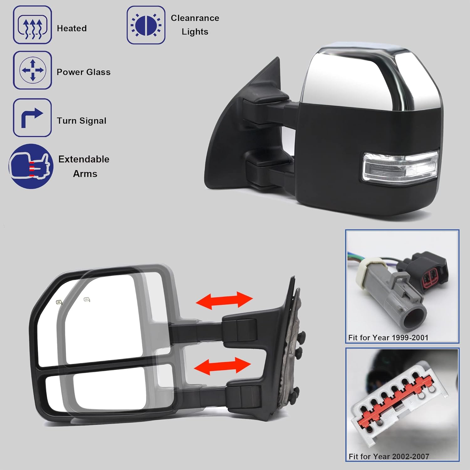 BRAND, CATEGORY, TOWING MIRRORS, WLLW, WLLW [Upgrade Style] Towing Mirrors for 1999 2000 2001 2002 2003 2004 2005 2006 2007 Ford F250 F350 F450 F550 Super Duty Power Heated Turn Signal Auxiliary Light Tow Mirror Chrome Cap