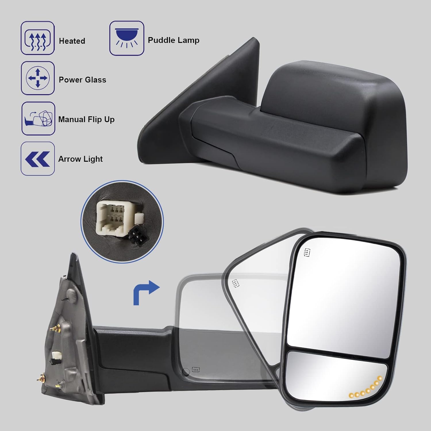 BRAND, CATEGORY, TOWING MIRRORS, WLLW, Towing Mirrors fit for 2002 2003 2004 2005 2006 2007 2008 Dodge Ram 1500 2003 2004 2005 2006 2007 2008 2009 Dodge Ram 2500 3500 Pickup Truck Power Heated LED Arrow Light Puddle Lamp Black Housing