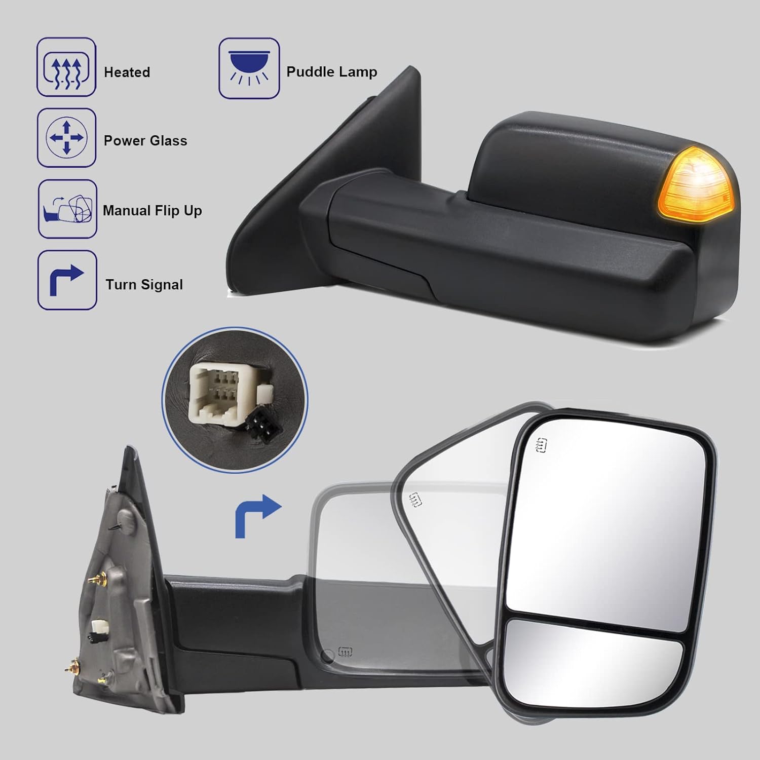 BRAND, CATEGORY, TOWING MIRRORS, WLLW, Towing Mirrors fit for 2002 2003 2004 2005 2006 2007 2008 Dodge Ram 1500 2003 2004 2005 2006 2007 2008 2009 Dodge Ram 2500 3500 Pickup Truck Power Heated Turn Signal Light Puddle Lamp Black Housing