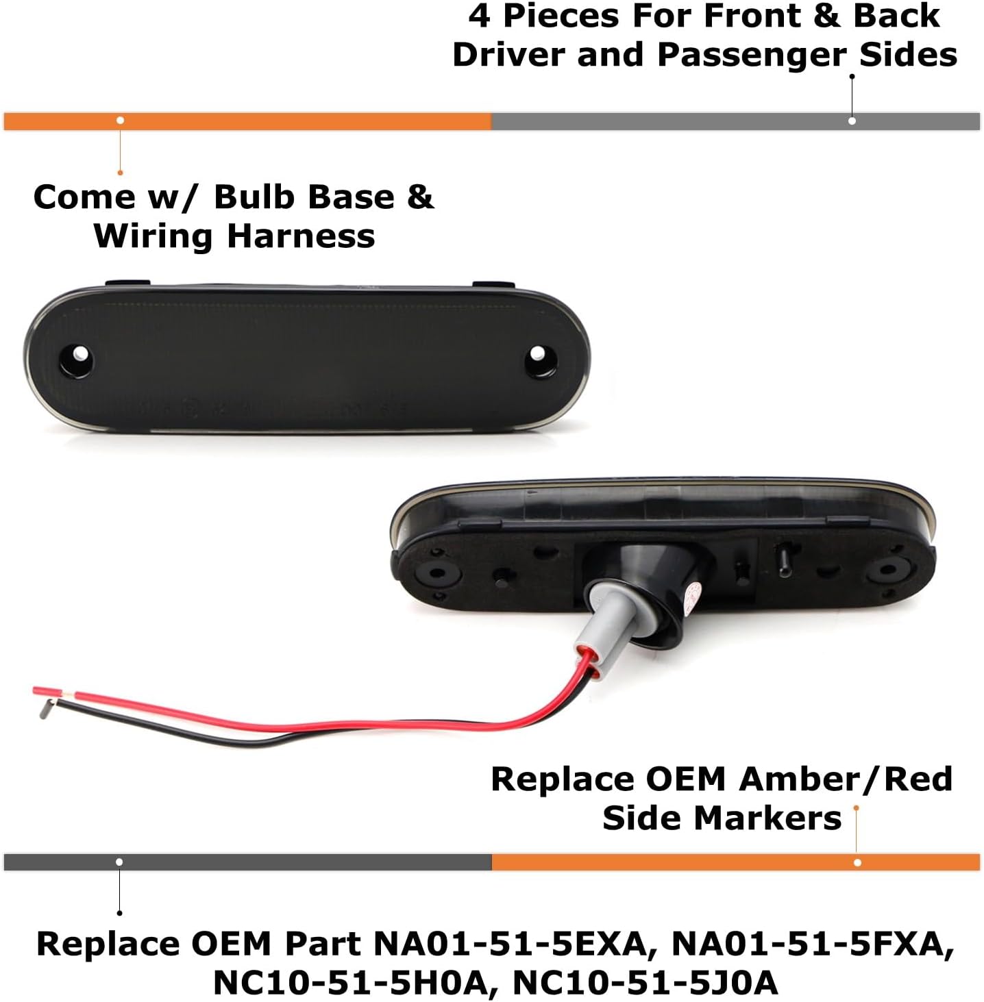 BRAND, CATEGORY, IJDMTOY, SIDE MARKER ASSEMBLIES, iJDMTOY JDM Clear/White Lens Front/Rear Side Marker Light Housing w/Pigtails Replacements Compatible With 1990-2005 Mazda Miata MX-5 NA NB, Replace OEM Amber/Red Sidemarkers