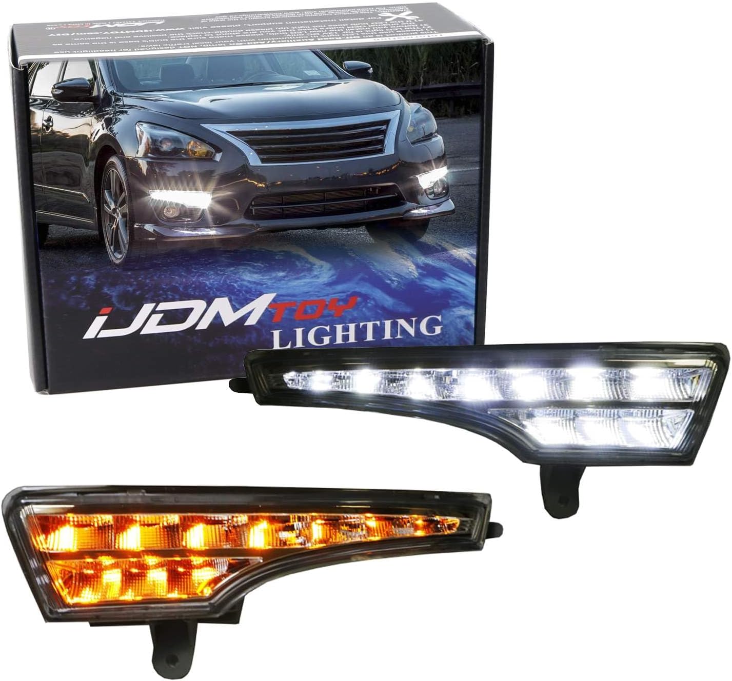 BRAND, CATEGORY, DAYTIME RUNNING LIGHT MODULES, IJDMTOY, iJDMTOY LED Daytime Running Lights Assembly Compatible With 2013-2015 Nissan Altima Sedan, Exact Fit High Power Assy Powered By (10) Xenon White LED as DRL & (10) Amber Yellow LED as Turn Signals