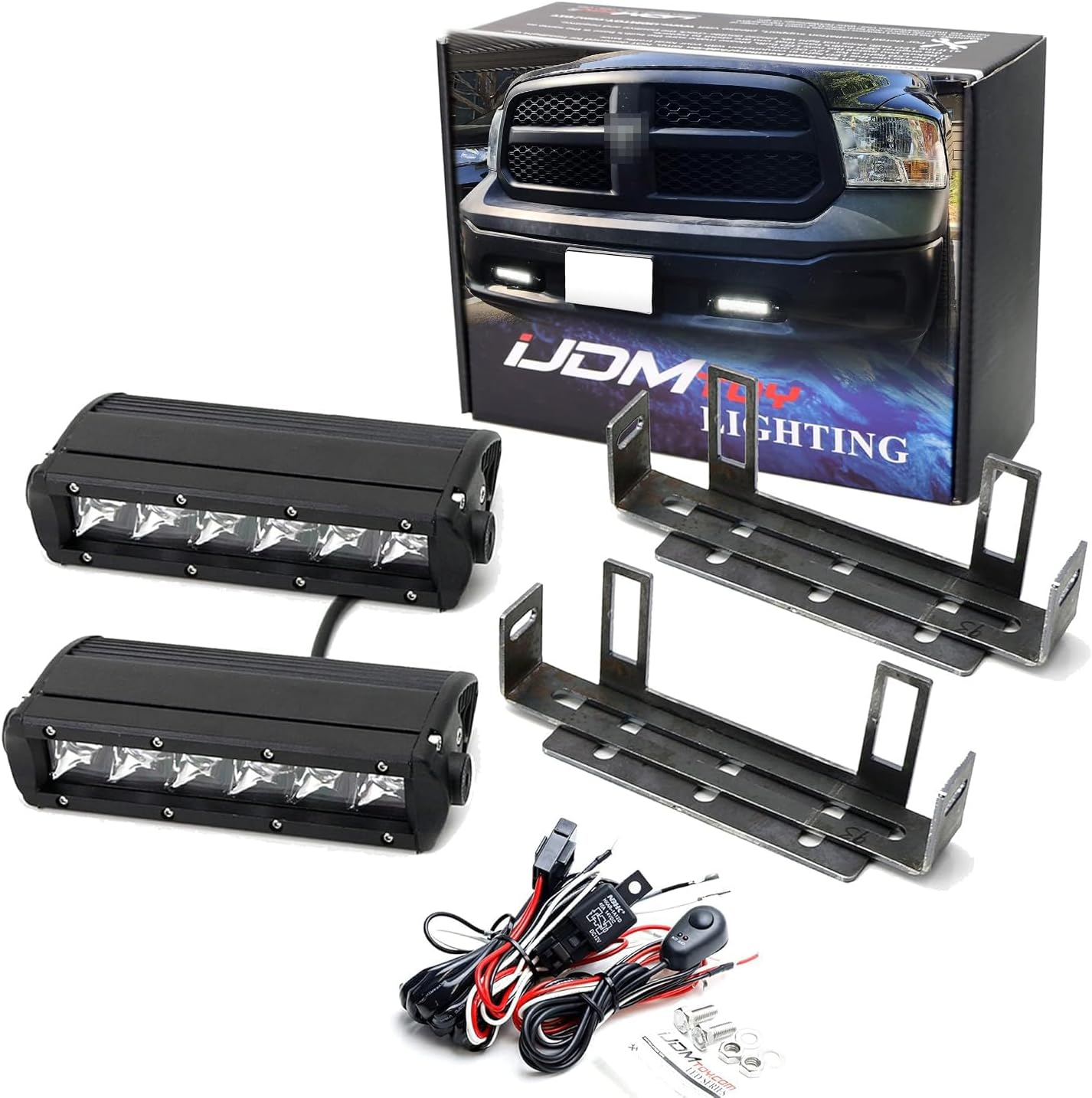 BRAND, CATEGORY, IJDMTOY, LIGHT BARS, iJDMTOY Lower Bumper LED Light Bar Kit Compatible with 2011-18 Dodge RAM 1500, Includes (2) 30W High Power LED Lightbars, Tow Hook Opening Area Brackets & On/Off Switch Wiring Kit