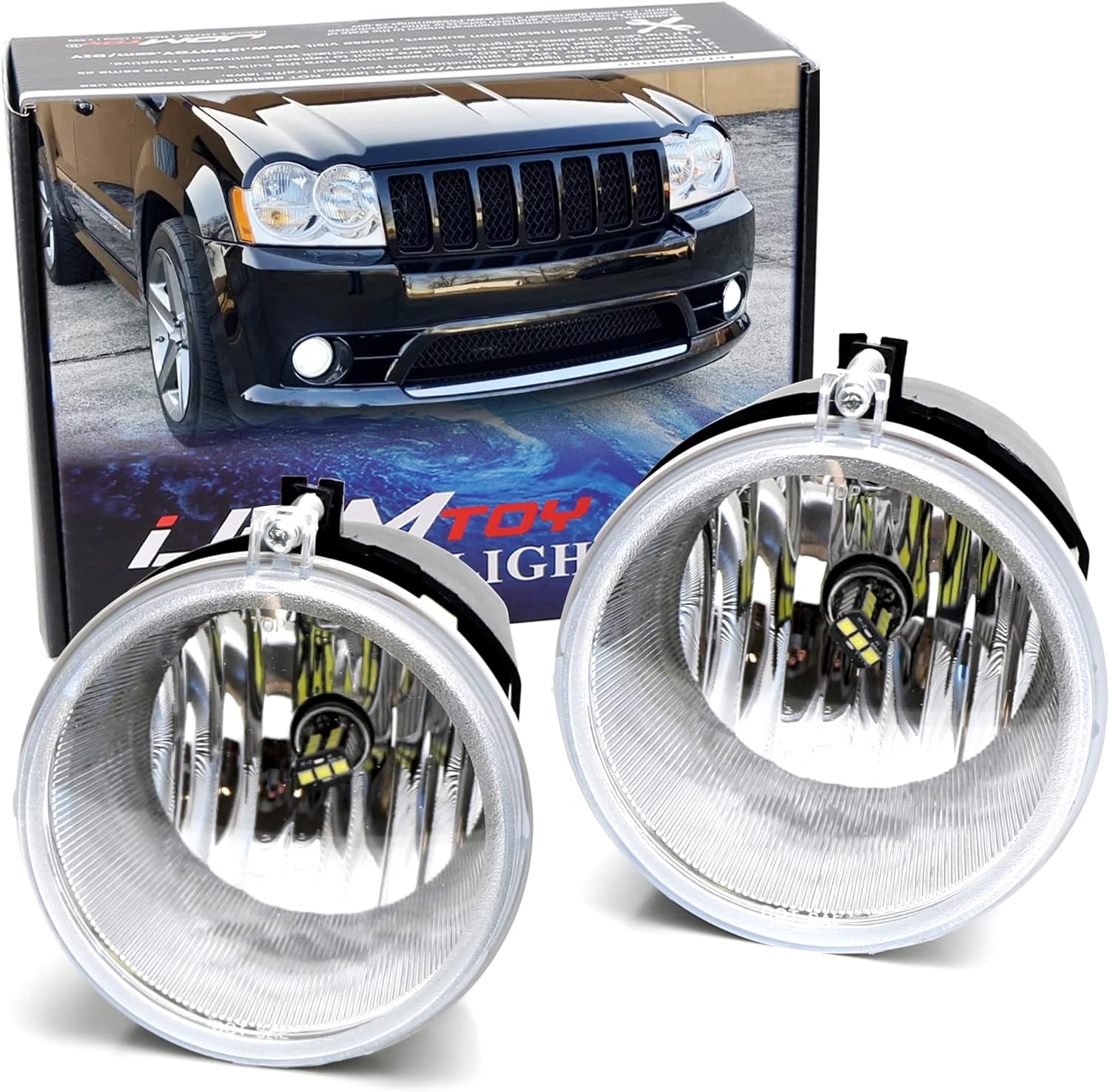 BRAND, CATEGORY, DRIVING, FOG & SPOT LIGHTS, IJDMTOY, iJDMTOY OEM-Spec Clear Lens Fog Light Assemblies w/ 15-SMD Super Bright Xenon White H10 LED Bulbs Kit Compatible With Dodge Durango Dakota, Aspen 300C, Compass Grand Cherokee, Raider