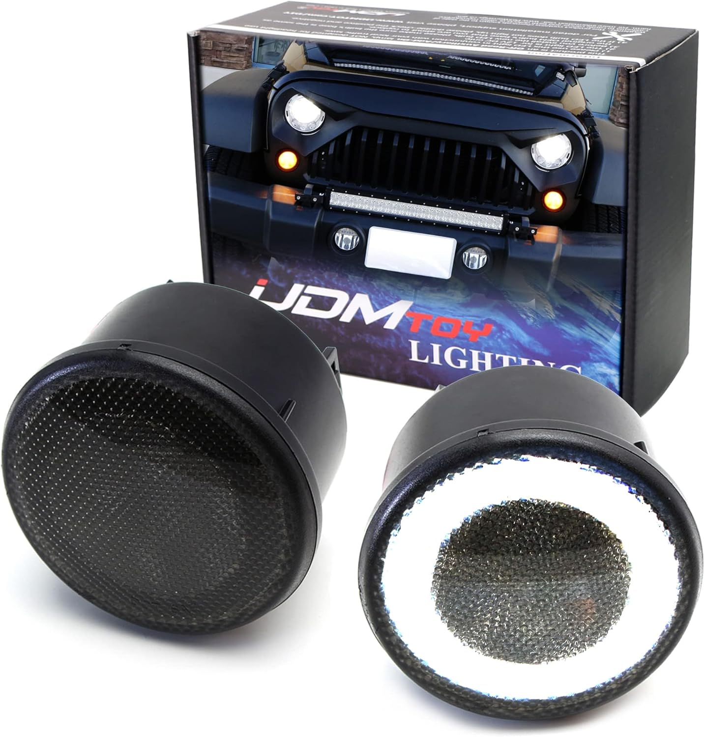 BRAND, CATEGORY, IJDMTOY, TURN SIGNAL BULBS, iJDMTOY Smoked Lens LED Driving/DRL Turn Signal Lamp Assembly Compatible With Jeep 2007-17 Wrangler (White LED Halo Ring as Parking/Driving/DRL Lights & Amber LED Center Light as Turn Signals)