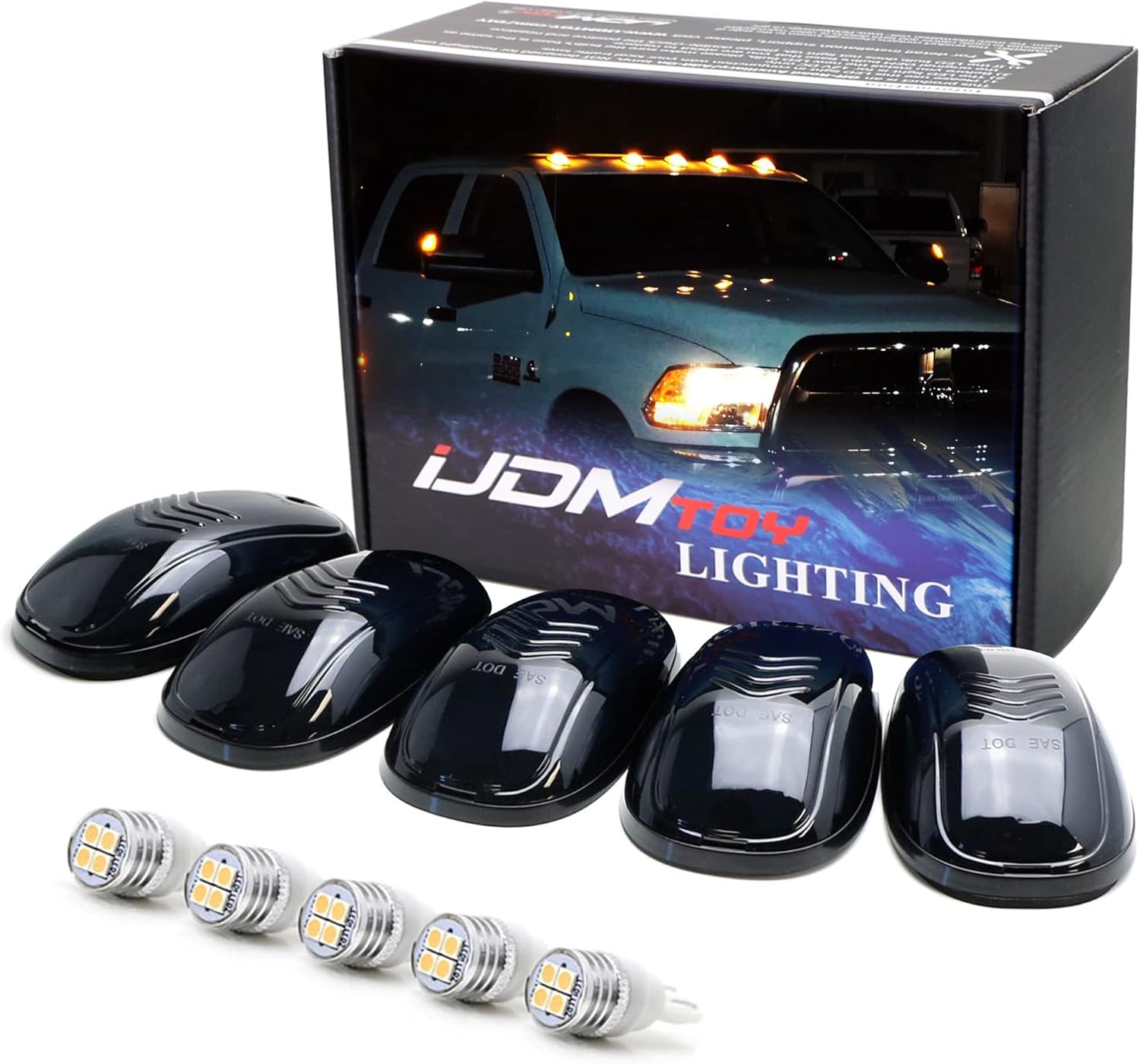 BRAND, CATEGORY, IJDMTOY, TOP CLEARANCE MARKER ASSEMBLIES, iJDMTOY Smoked Lens White LED Cab Roof Running Lamps Compatible With Chevrolet Dodge GMC Ford RAM Nissan Toyota Trucks, 5-Piece Roof Running Light Set